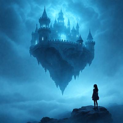 The primary subject of the image is a castle, which is depicted as a heart-shaped structure floating in the sky. The setting is a cloudy, blue sky, and the visual style appears to be a digital art or illustration. The colors and mood of the image are predominantly blue and serene, creating a sense of wonder and fantasy.